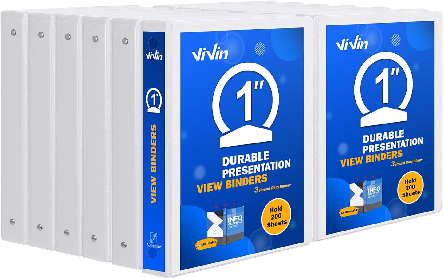 3 Ring Binder 1-1/2 Inch, ViVin Sturdy 1.5"-Round Ring Binder with 2 Interior Pockets, Clear View Cover, PVC-Free, Fits 300 Sheets of 8.5'' x 11'' Paper, Office Home School (6 Pack, White)