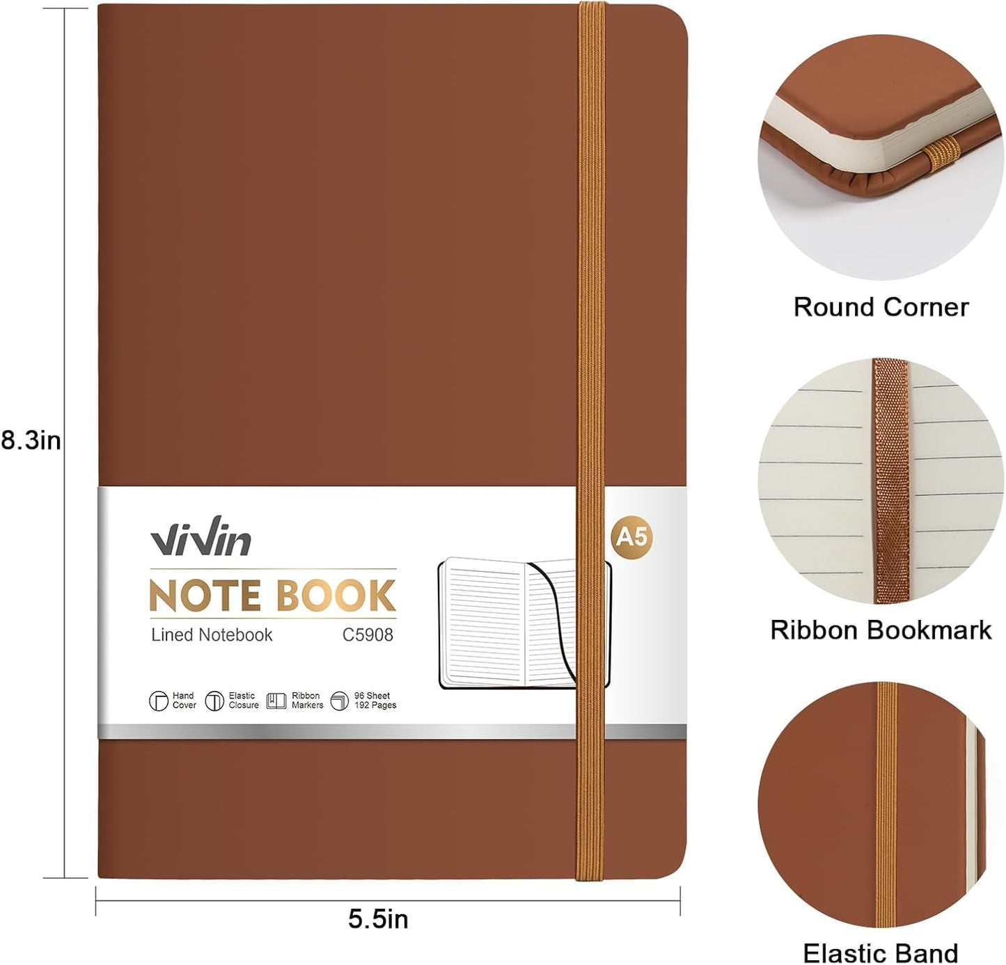 ViVin Lined Journal Notebooks for Work, 192 Pages, Medium 5.5 x 8.3 inch, College Ruled, A5 Hardcover Journaling Notebooks for Writing, 8 Pack Bulk,Black
