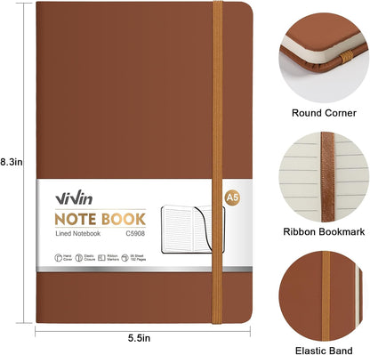ViVin Lined Journal Notebooks for Work, 192 Pages, Medium 5.5 x 8.3 inch, College Ruled, A5 Hardcover Journaling Notebooks for Writing, 8 Pack Bulk,Black
