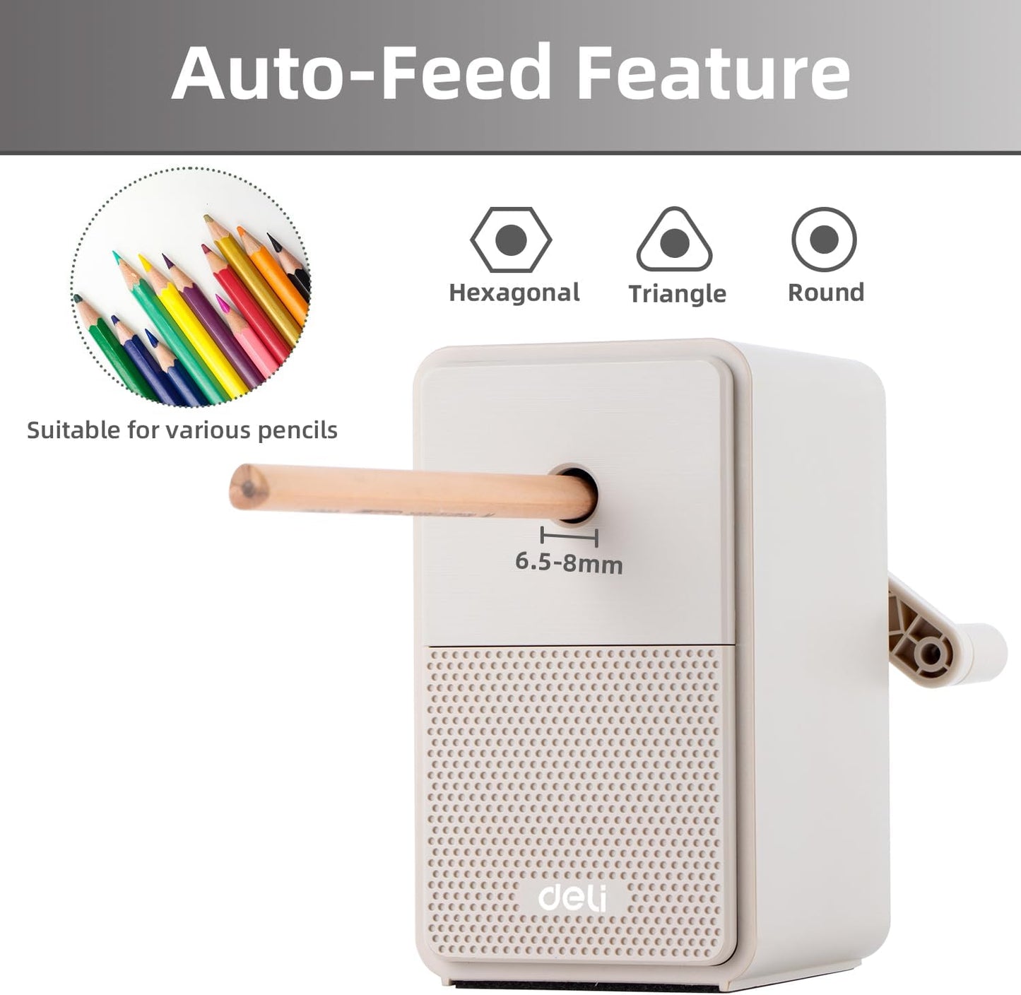 Deli Manual Pencil Sharpener - Auto-in Hand Crank with Adjustable Point for Colored Pencils, Kids, Students, Classroom, Home and Office, Brown
