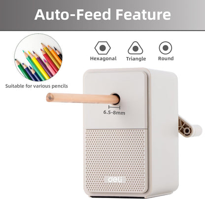 Deli Manual Pencil Sharpener - Auto-in Hand Crank with Adjustable Point for Colored Pencils, Kids, Students, Classroom, Home and Office, Brown