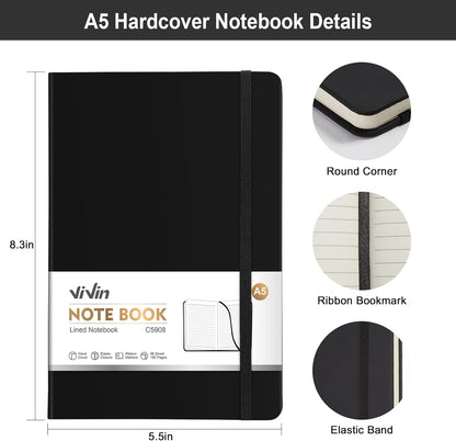 ViVin Lined Journal Notebooks for Work, 192 Pages, Medium 5.5 x 8.3 inch, College Ruled, A5 Hardcover Journaling Notebooks for Writing, 8 Pack Bulk,Black
