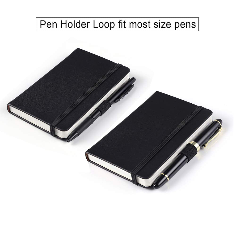 Vanpad (2 Pack) Pocket Notebook Small Hardcover Note Book 3" x 5.5", Mini Ruled Lined Journal, Leather Cover, with Pen Holder, Page Marker Ribbons, Inner Pockets, Black