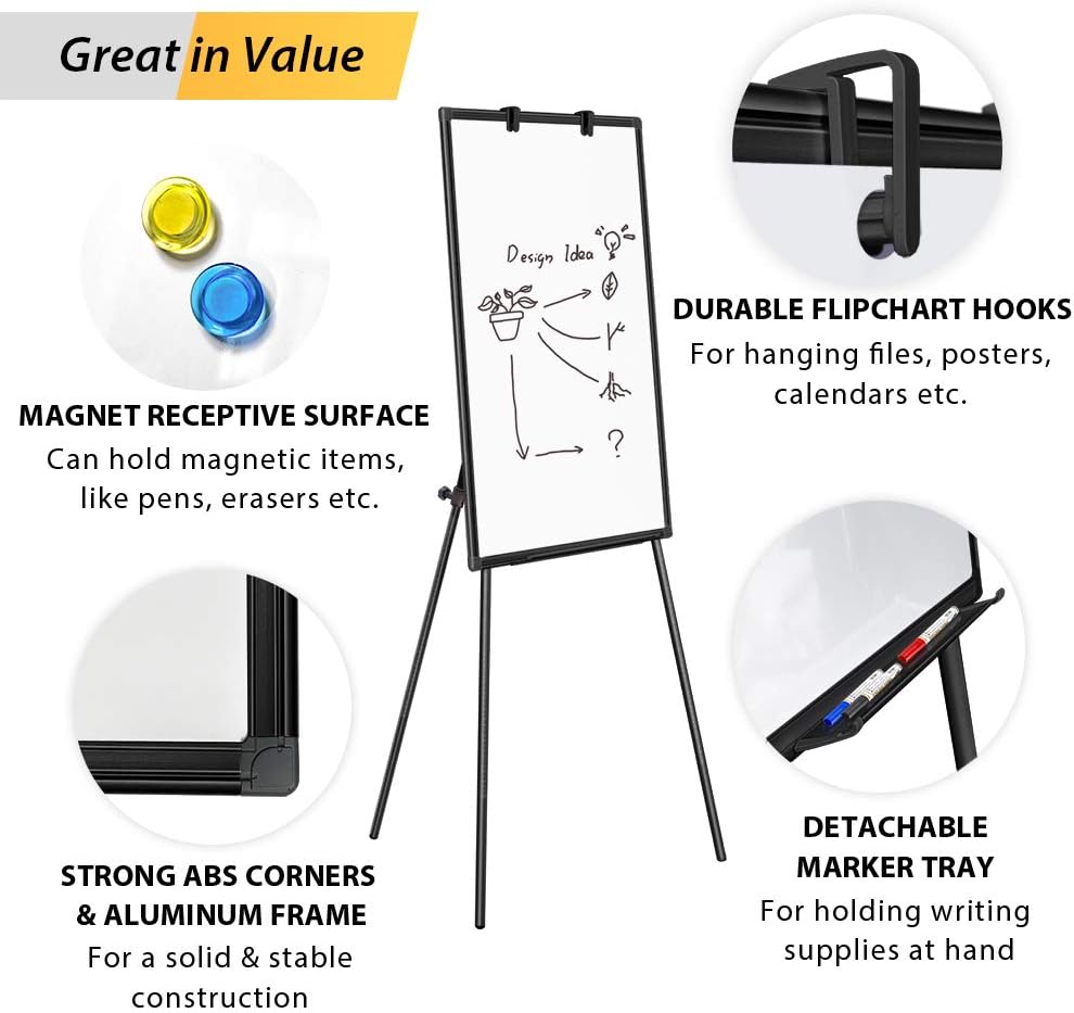 Easel Whiteboard - Magnetic Portable Dry Erase Easel Board 36 x 24 Tripod Whiteboard Height Adjustable Flipchart Easel Stand White Board for Office or Teaching at Home & Classroom (Black)