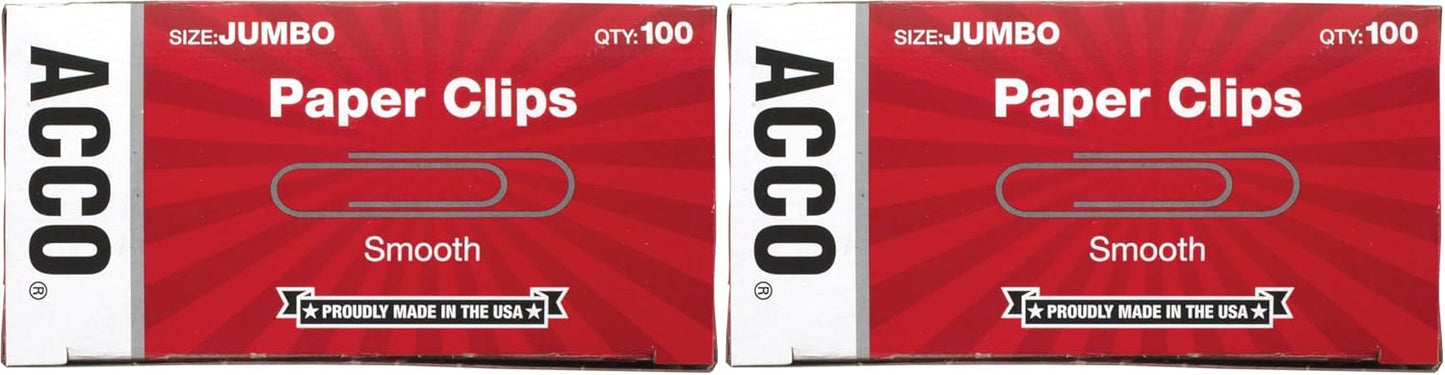 ACCO Paper Clips, Jumbo, Smooth, 100 Clips/Box, 1 Box (72580)