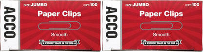 ACCO Paper Clips, Jumbo, Smooth, 100 Clips/Box, 1 Box (72580)