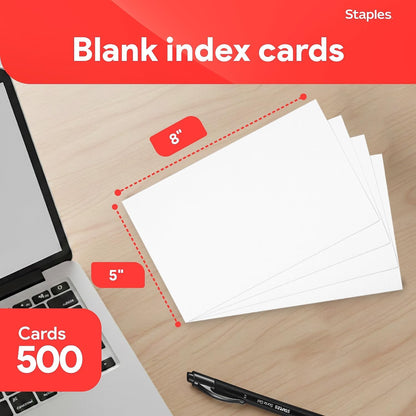 Staples Index Cards, 5" x 8", Blank, White, Acid‑Free, 500 Pack – Unruled Cards for Notes, Recipes & Presentations