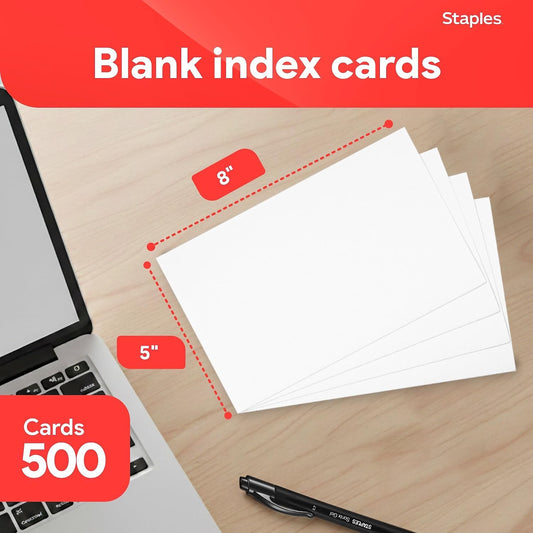 Staples Index Cards, 5" x 8", Blank, White, Acid‑Free, 500 Pack – Unruled Cards for Notes, Recipes & Presentations