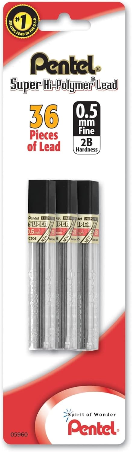Pentel Super Hi-Polymer Lead Refill (0.5mm), Fine, 2B, 36 Pieces of Lead (C505BP32B-K6)