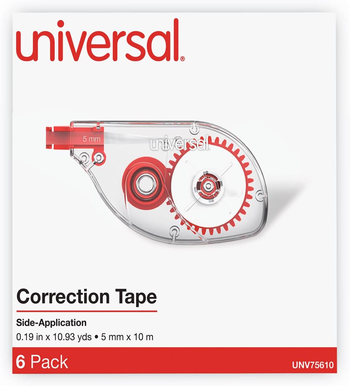 Universal 75610 Side-Application Correction Tape, Clear Red Applicator, 0.2-inch x 393-inch, 6/Pack