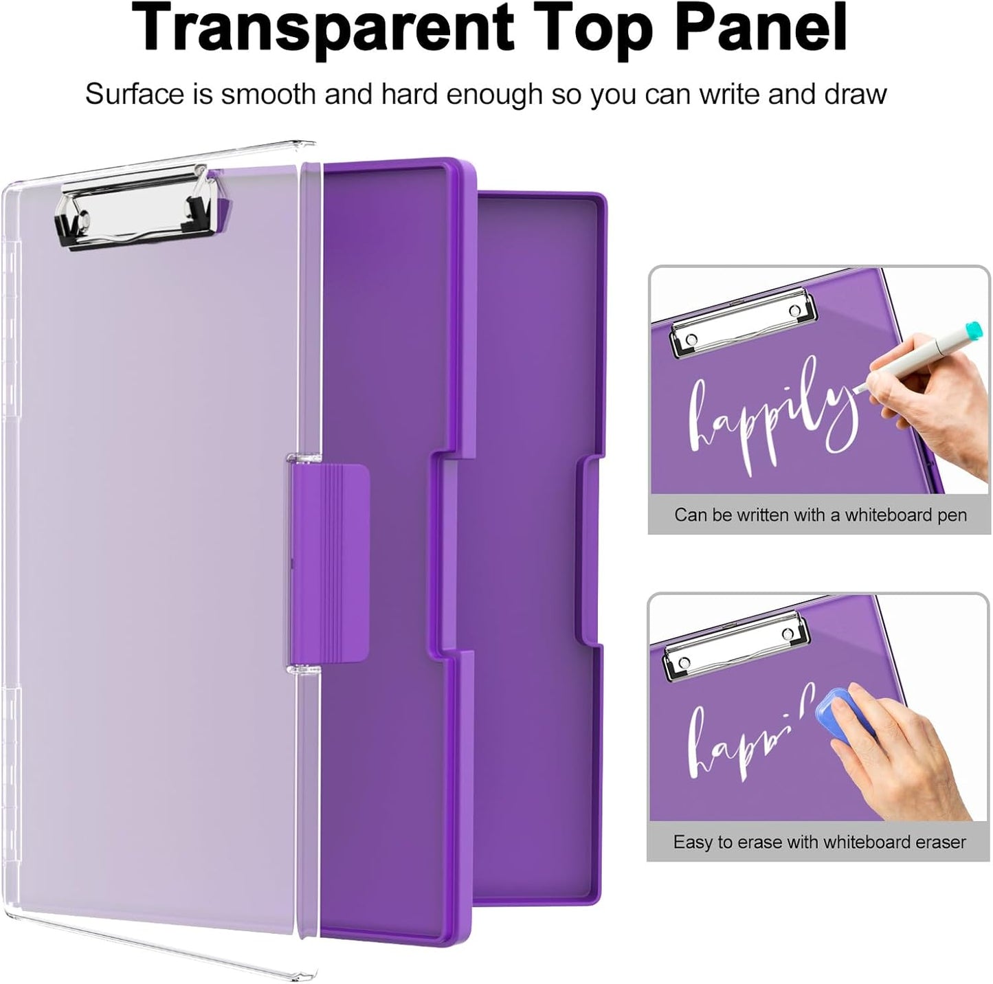 Piasoenc Clipboard with Storage, 8.5 x 11 Clip Boards with 2 Storage Case and A4 Paper Folder, Clear Dry Erase Top Panel, Heavy Duty Plastic, Folio & Side Opening, for Nurses, Teachers, Lawers,Black