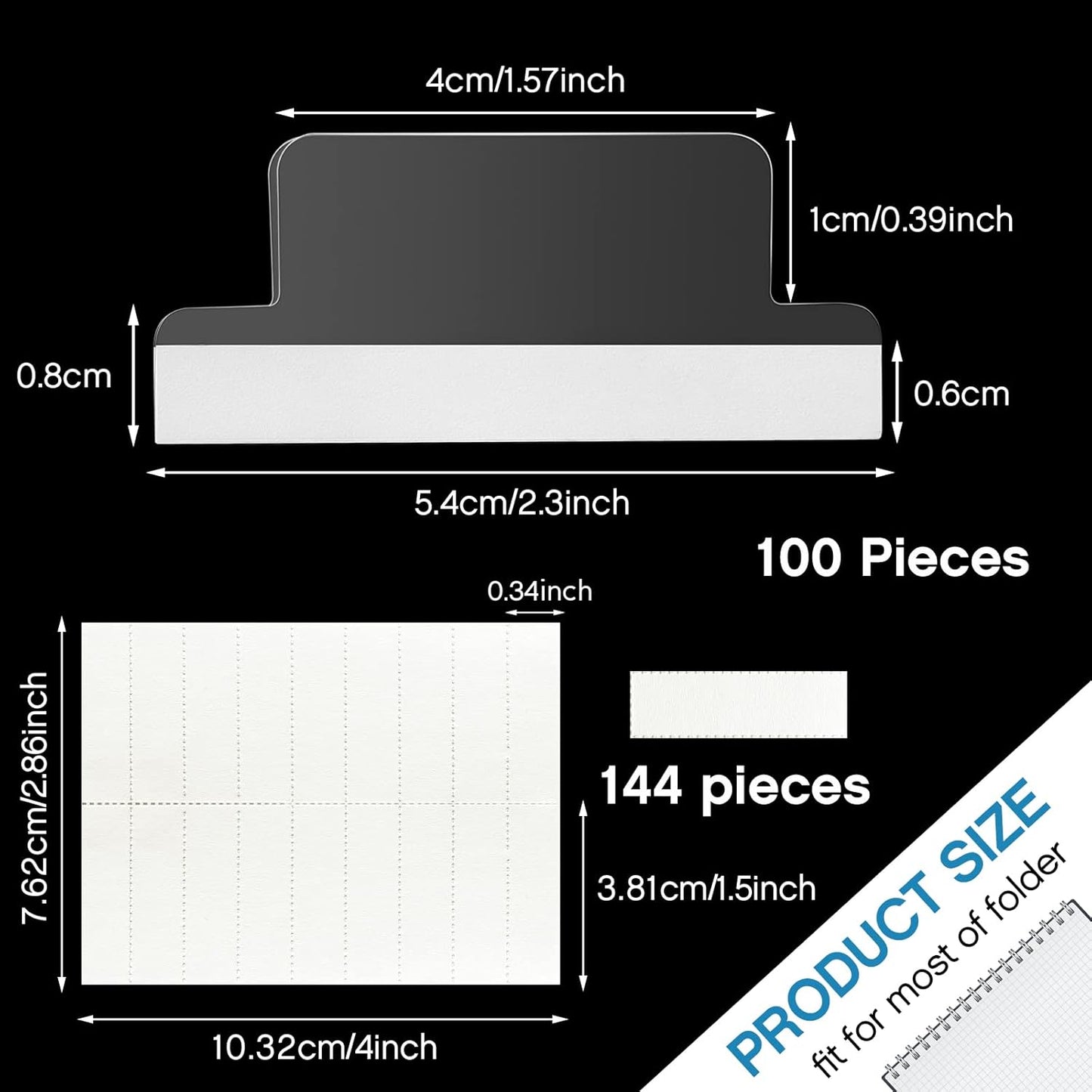 Gueevin 100 Pieces 1.5 Inch Insertable Self Adhesive Index Tabs with Paper Printable Inserts Clear Plastic Sticky File Folder Labels Hanging File Tabs for Notebooks Book Page Folders