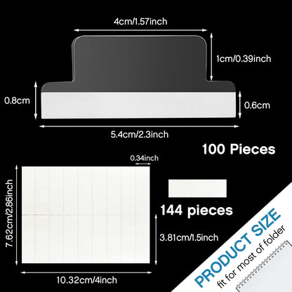 Gueevin 100 Pieces 1.5 Inch Insertable Self Adhesive Index Tabs with Paper Printable Inserts Clear Plastic Sticky File Folder Labels Hanging File Tabs for Notebooks Book Page Folders