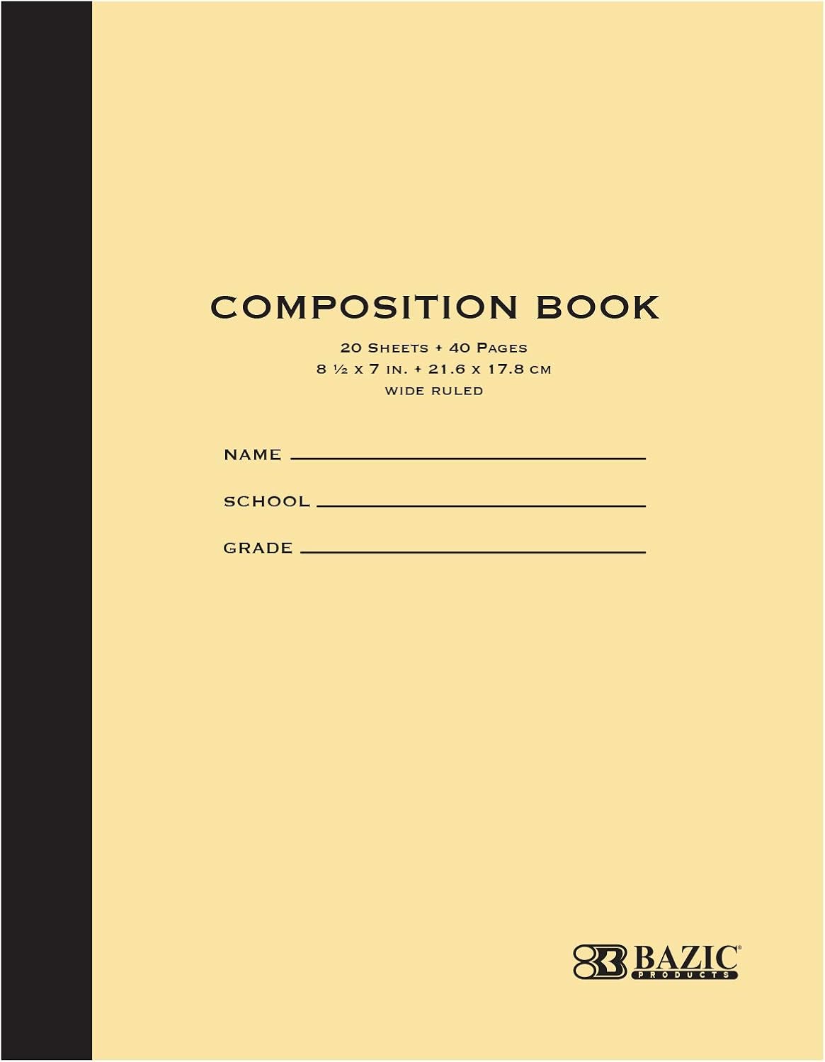 BAZIC PRODUCTS Composition Notebook Wide Ruled - 20 Sheets, Manila Color Composition Notebook with Durable Cover, Non-Spiral and Lined Paper for Journaling, School, Home, or Office, 24-Packs