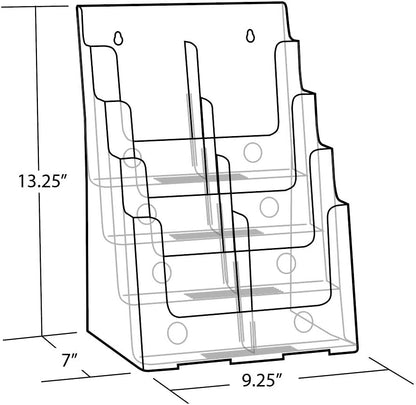 Azar Displays 252376 Four Tier, Four Pocket Letter Brochure File Holder for Flyer, Office Supplies, Paper Document or Magazines, Clear Organizer for Wall and Counter Desktop Stand, 8.5" x 11"