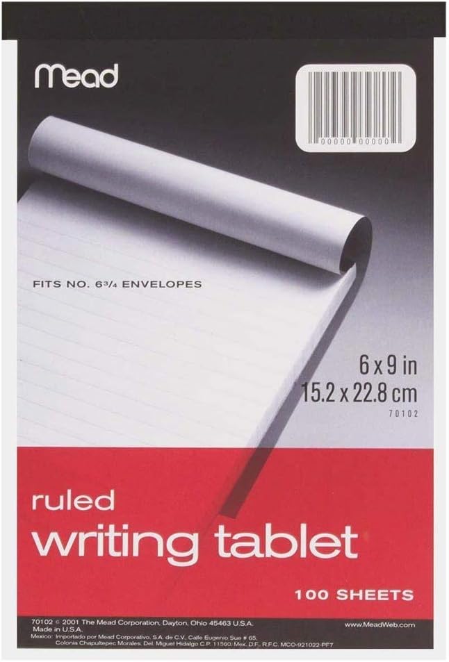 Mead : Writing Tablet,Top-bound,Ruled,20 lb.,6"x9",100 Sh,White -:- Sold as 2 Packs of - 1 - / - Total of 2 Each