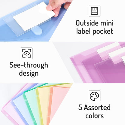 Forvencer Binder Pocket, 10 Pack Super Heavyweight Plastic Folders with Tight Closure, Binder Folders Side Loading, 3 Ring Binder Pocket, Binder Dividers with Pockets, Letter Size, Pastels Series