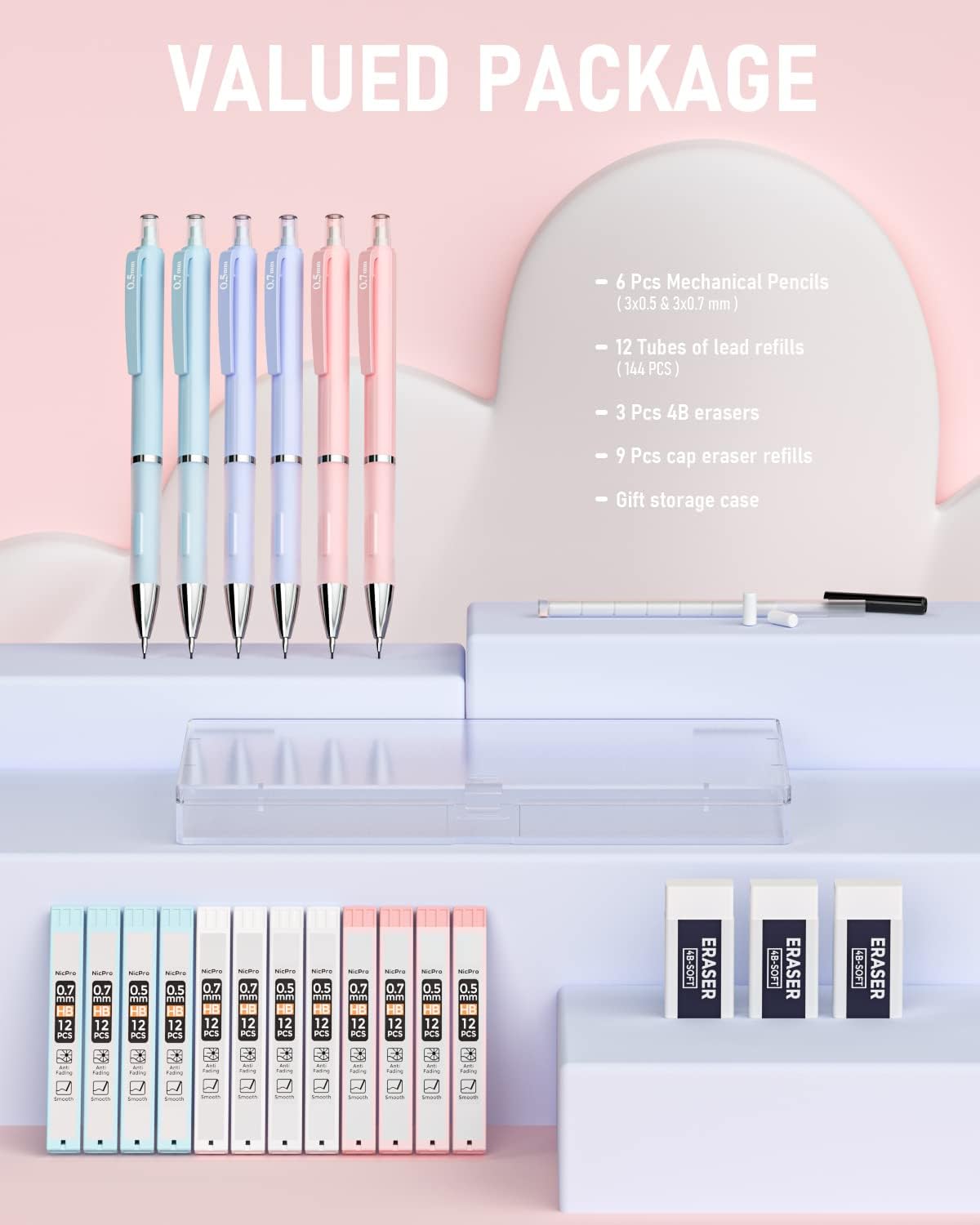 Nicpro 3PCS Cute Mechanical Pencil Set with Case, 0.7 mm Pencils with 6 Tube HB Lead Refill, 3PCS Eraser, 9PCS Eraser Refill for School Supplies Student Writing, Drafting Drawing Sketching