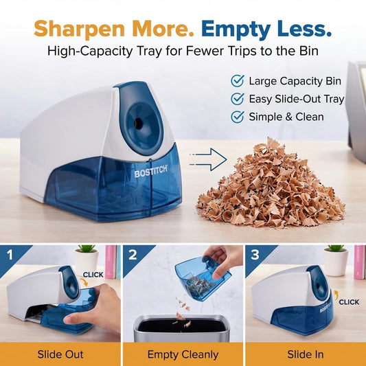 Bostitch Office Electric Pencil Sharpener for Classroom & Desk Use, Heavy-Duty Stall-Free Motor, High-Capacity Shavings Tray, Blue