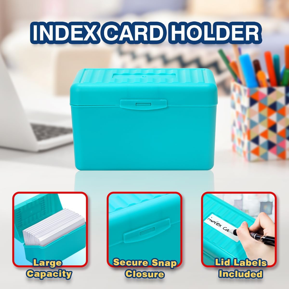 H4D 3x5 Index Card Holder with 100 Heavyweight Ruled Index Cards and 25 Plastic Dividers, Black