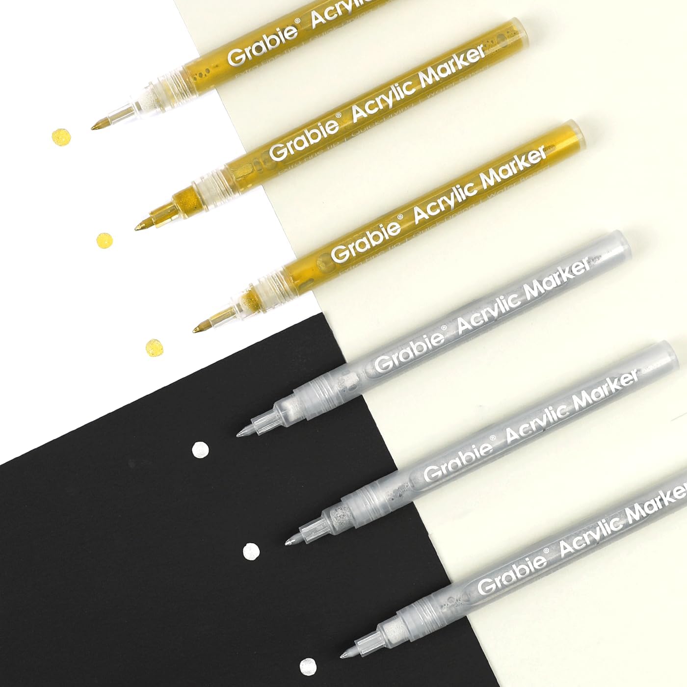 Grabie Black & White Extra Fine Tip Acrylic Paint Marker Set, 6 Pack, 0.7mm Acrylic Paint Pens for Highlights and Fine Details on Drawings, Rock Painting Glass Canvas Wood, White Highlight Markers