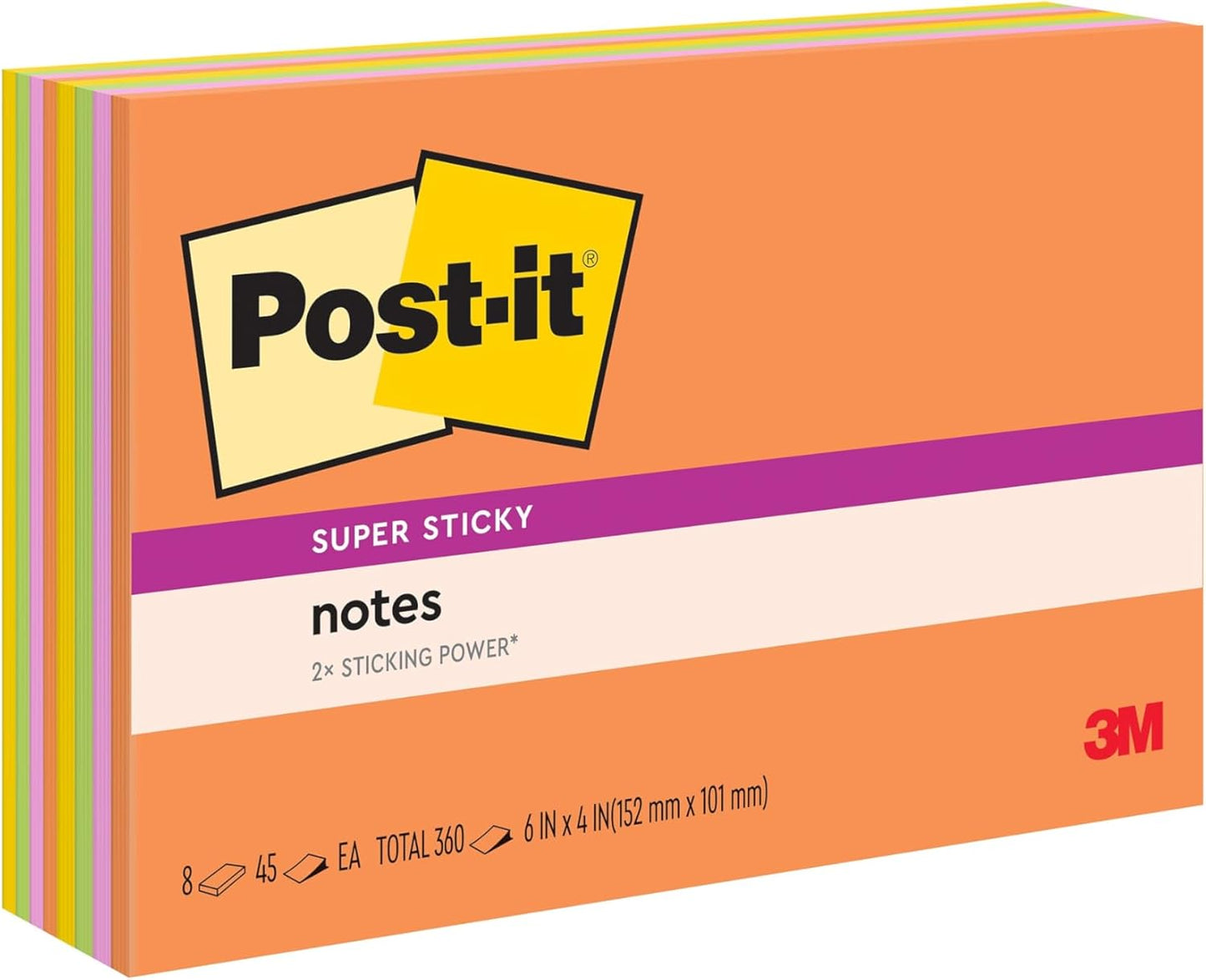 Post-it Super Sticky Notes, 8 Sticky Note Pads, 6 x 4 in., School Supplies, Office Products, Sticky Notes for Vertical Surfaces, Monitors, Walls and Windows, Energy Boost Collection