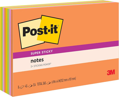 Post-it Super Sticky Notes, 8 Sticky Note Pads, 6 x 4 in., School Supplies, Office Products, Sticky Notes for Vertical Surfaces, Monitors, Walls and Windows, Energy Boost Collection