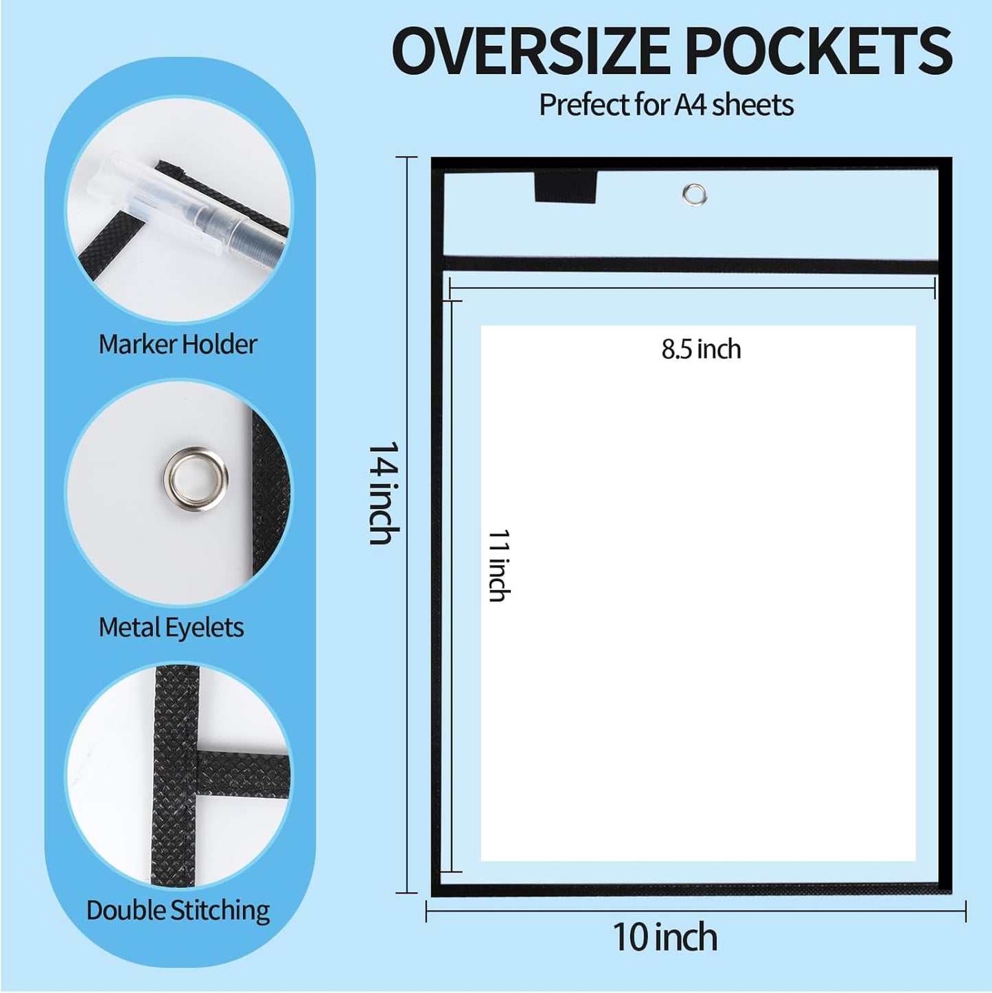 Ufamrine 6 Pcs Dry Erase Pockets Sleeves Black, Job Ticket Holders (10" * 13"), Reusable Plastic Sleeves for Teacher Classroom