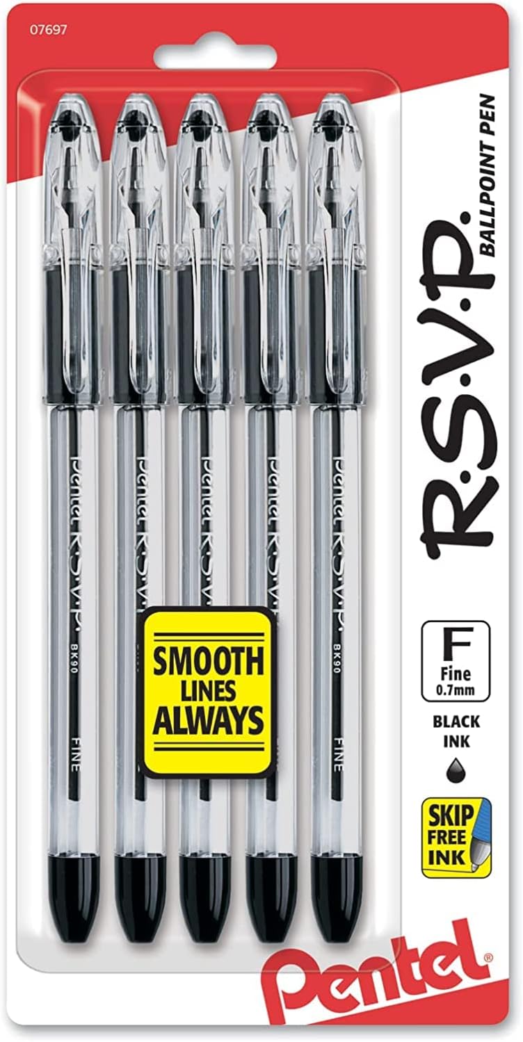 Pentel RSVP Ballpoint Pen, (0.7mm), Fine Line, Black Ink, Pack of 5 (BK90PF5A)