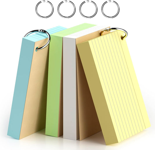 250 Count Colored 3 x 5 Inch Index Cards with Ring, Ruled Flash Cards for Office Use, Portable Note Cards for Study, Thick Flashcards for Home and School
