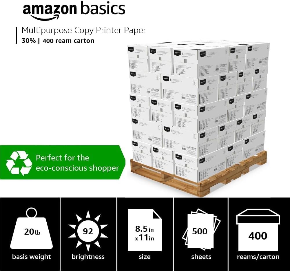 Amazon Basics 30% Recycled Multipurpose Copy & Print Paper, 8.5 x 11 Inches, 20 lb Weight, 92 Bright, White, FSC Certified, 1500 Sheets (3 Reams)