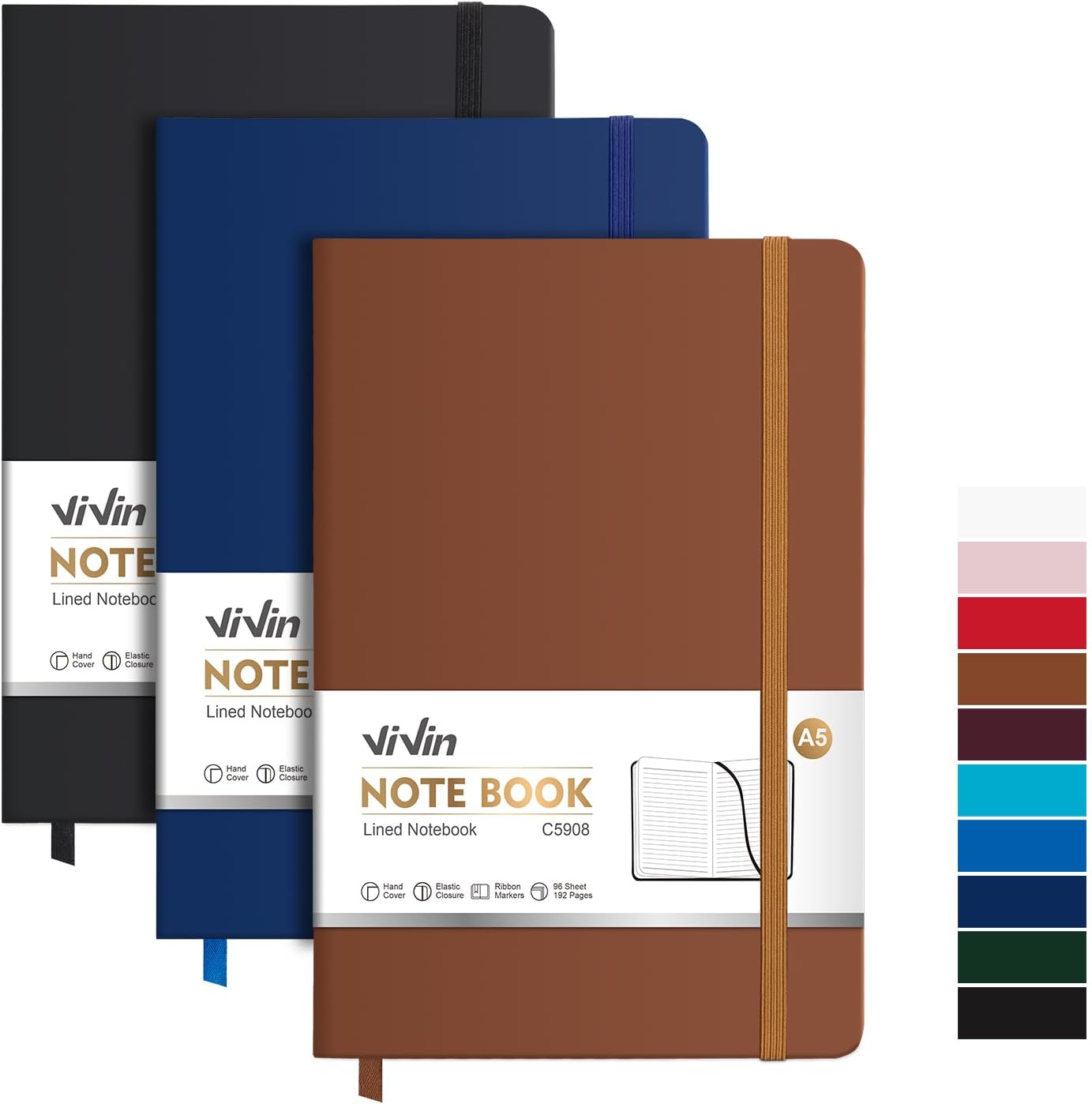 ViVin Lined Journal Notebooks for Work, 192 Pages, Medium 5.5 x 8.3 inch, College Ruled, A5 Hardcover Journaling Notebooks for Writing, 8 Pack Bulk,Black