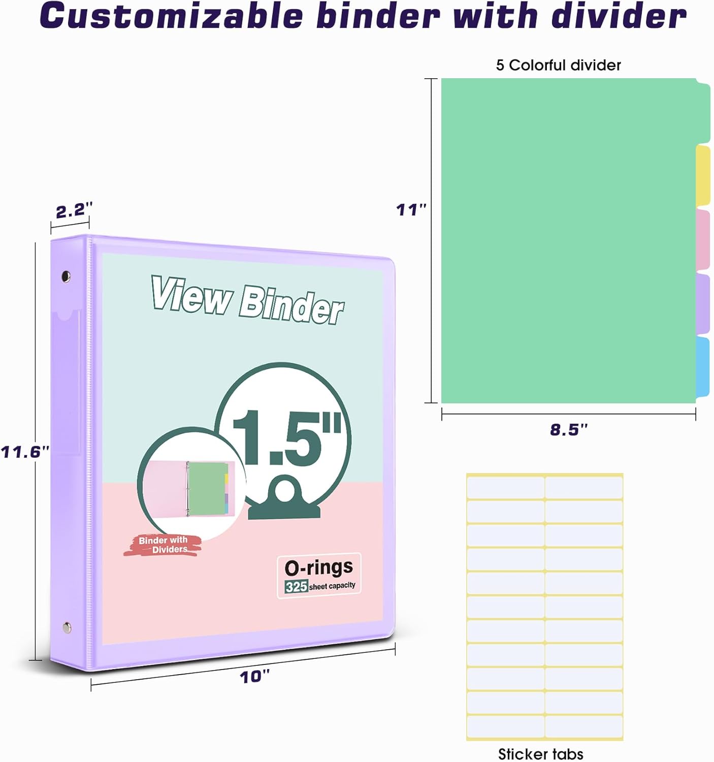 3 Ring Binder 1.5 inch，Cute Binder Organizer with 5 Tab Dividers Fits 175 Sheets of 8.5x11 Paper,Customizable Clear Cover with Inside Pockets,Aesthetic 1.5" Three Ring Binders for School Office,Purple