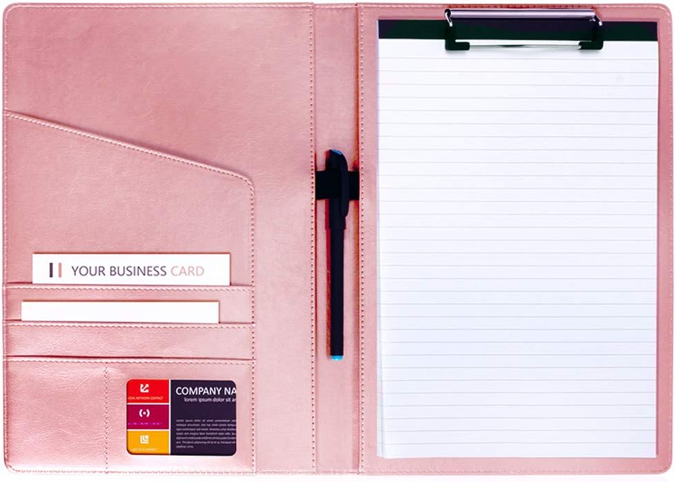 Pink Padfolio Clipboard Portfolio Folder with Pen - Geila PU Leather Resume Portfolio - Interview/Legal Document Organizer & Conference Folder for Business Office - with 8.5 x11In Writing Pad