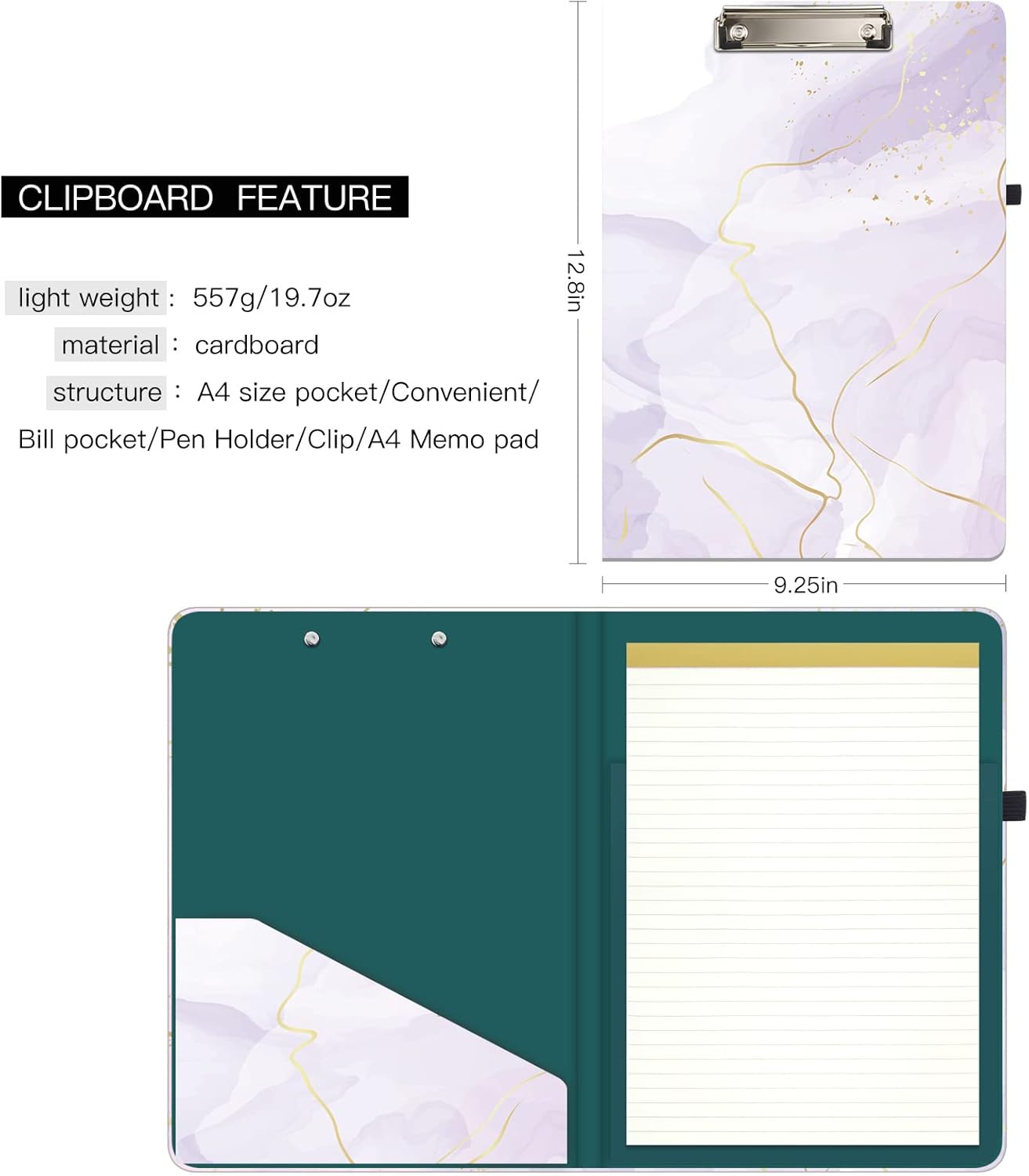 Hongri Clipboard Folio with Refillable Lined Notepad and Interior Storage Pocket for Students, Classroom, Office, Women, Man, Cute Custom Pattern, Size 12.8 x 9.2 in, Classic Flower