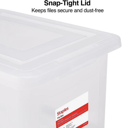 STAPLES File Folder Tote, Portable Filing Box for Letter SIze Hanging Folders, Security Latch & Built-In Lid Organizer, Black/Clear