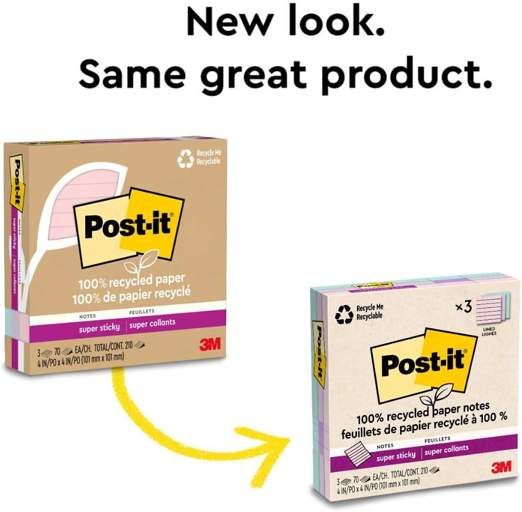 Post-it 100% Recycled Paper Super Sticky Notes, 4 in. x 4 in., 3 Pads, 70 Sheets per Pad, Wanderlust Pastels, School Supplies and Office Products