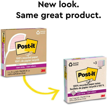 Post-it 100% Recycled Paper Super Sticky Notes, 4 in. x 4 in., 3 Pads, 70 Sheets per Pad, Wanderlust Pastels, School Supplies and Office Products