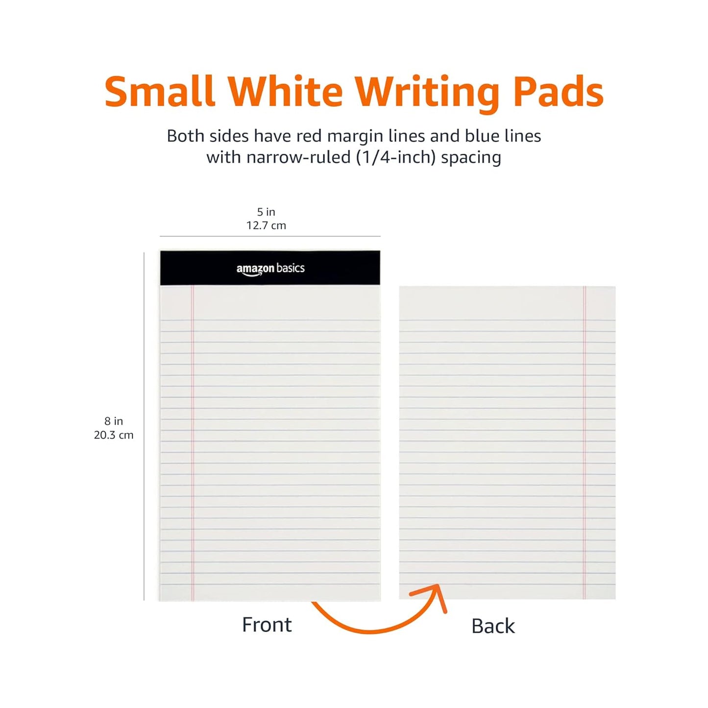 Amazon Basics Narrow Ruled Lined Writing Note Pads for Notes, Office Supplies, 5" x 8", White, 12-Pack of 50 Pages, Perforated