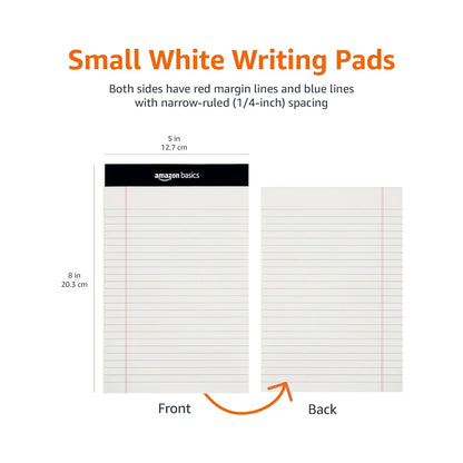 Amazon Basics Narrow Ruled Lined Writing Note Pads for Notes, Office Supplies, 5" x 8", White, 12-Pack of 50 Pages, Perforated