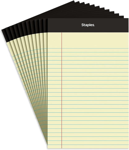 STAPLES Notepads, 5” x 8”, Narrow Ruled, White, 50 Sheets/Pad, 12‑Pack