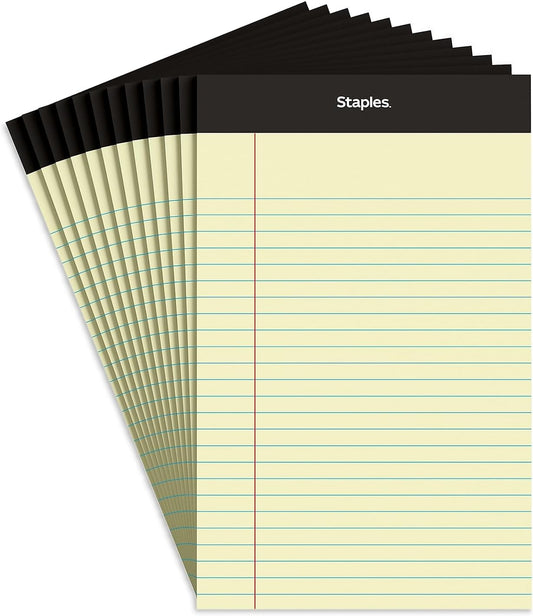 STAPLES Notepads, 5” x 8”, Narrow Ruled, White, 50 Sheets/Pad, 12‑Pack