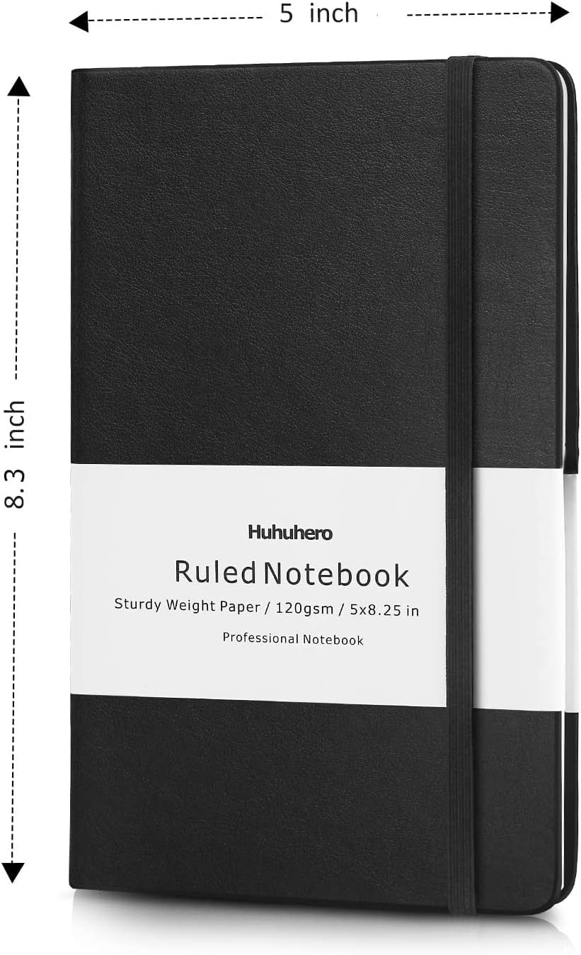 Huhuhero 5 Pack Lined Journal Notebooks, Hardcover Notebook for Work School Office, 5"×8.25", 120Gsm Thick Ruled Writing Journals for Note Taking Business, Black
