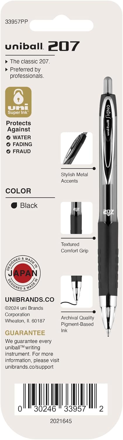 uniball 207 Retractable Gel Pens, Medium Point (0.7mm), Black, 2 Pack