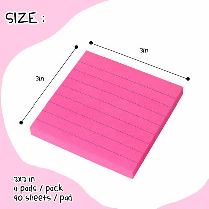 Lined Sticky Notes 3x3 Sticky Notes with Lines Self-Stick Notes Bright Color 4 Pads 90 Sheets/Pad (Pastel)