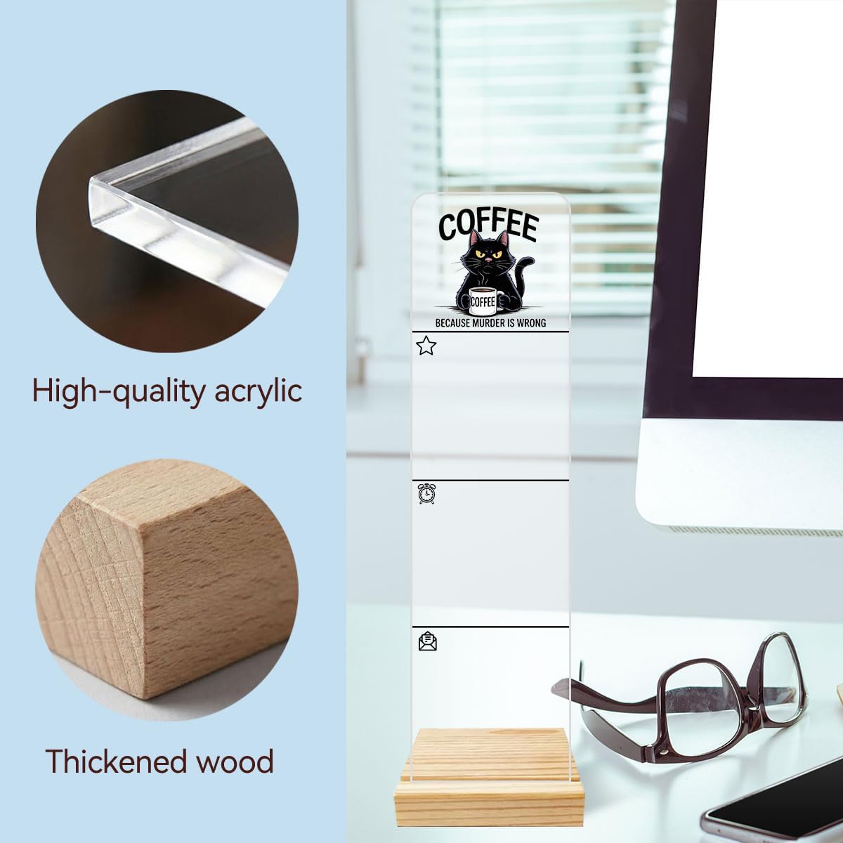 Sticky Notes Monitor Memo Board Acrylic Note Holder with Removable Wooden Base, Everything is Fine Logo Desk Set Includes 200 Sheets Two Sizes Sticky Notes, Office Desk Accessories Organizer
