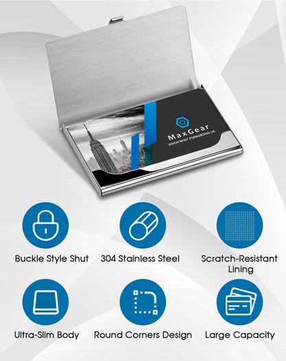 MaxGear Metal Business Card Holder for Men & Women, Professional Stainless Steel Card Case for Business Cards, Slim Purse Name Card Holders with Interior Lining, Buckle Style Shut, Black