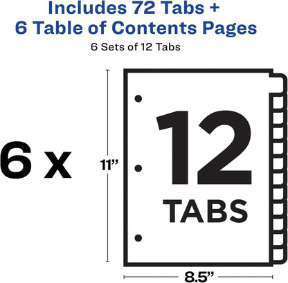 Avery 12 Tab Dividers for 3 Ring Binders, Customizable Table of Contents, Multicolor Tabs, 6 Sets (11196)