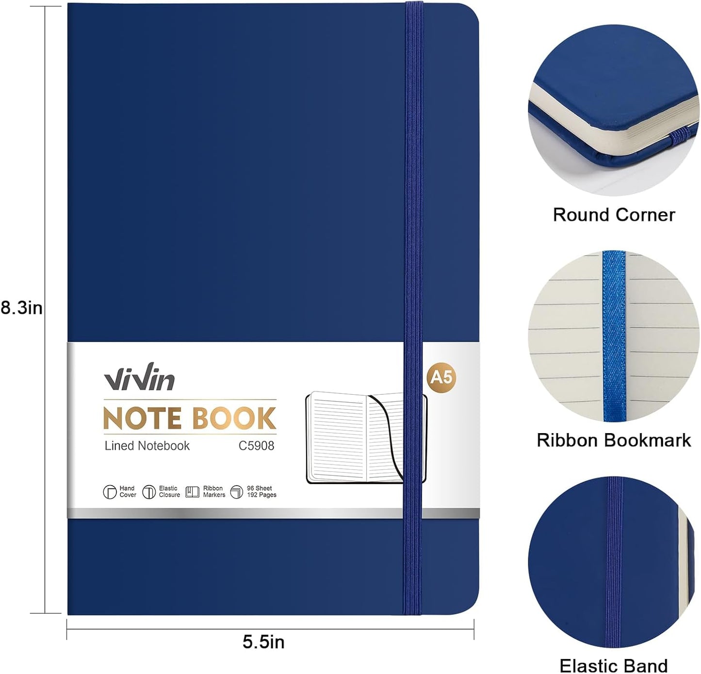 ViVin Lined Journal Notebooks for Work, 192 Pages, Medium 5.5 x 8.3 inch, College Ruled, A5 Hardcover Journaling Notebooks for Writing, 8 Pack Bulk,Black