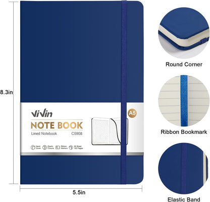 ViVin Lined Journal Notebooks for Work, 192 Pages, Medium 5.5 x 8.3 inch, College Ruled, A5 Hardcover Journaling Notebooks for Writing, 8 Pack Bulk,Black